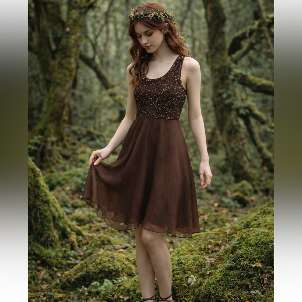 Vintage Y2K Brown Beaded Dress Silk Skirt Racerback Sz XS Brown Fairy Balletcore